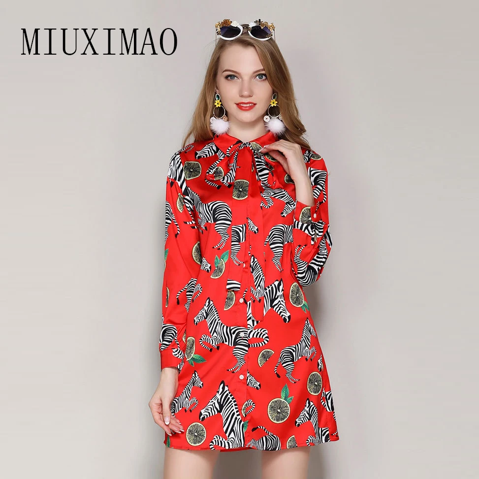 

High Quality 2018 Spring & Summer Turn-down Collar Full Sleeve Bow Animal Pattern Print Elegant A-Line Above Knee Dress Women