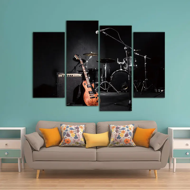 Peinture artistique murale de la musique du groupe, guitare et étagère, image de tambour sur toile pour décor de salon ou comme cadeau