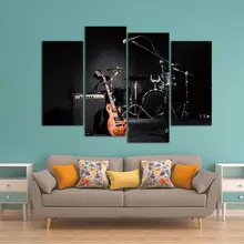 Peinture artistique murale de la musique du groupe, guitare et étagère, image de tambour sur toile pour décor de salon ou comme cadeau