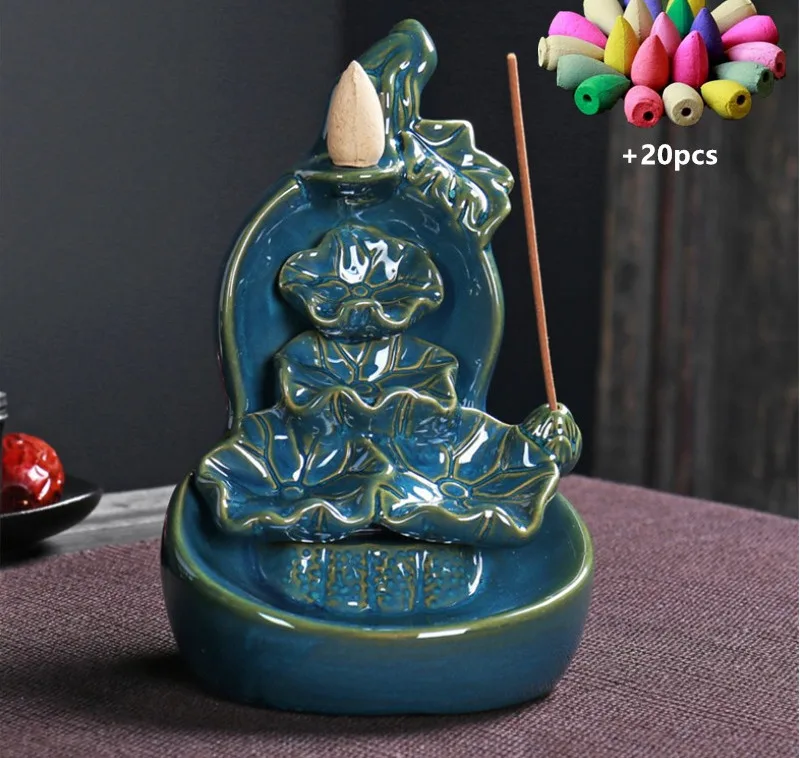 

Aroma Smoke Backflow Incense Burner Ceramic Gourd And Lotus Incense Censer Stick Holder Aromatherapy Furnace +20pcs Cones