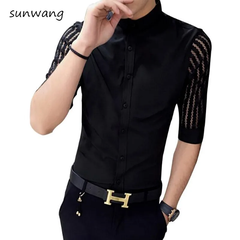 2019 New High Quality Stitching lace see through Half Sleeve Shirts Men ...