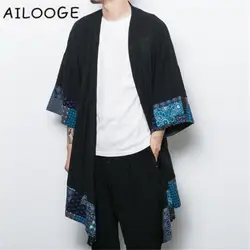 Китай Стиль Для мужчин хлопок белье Кардиган Пальто Тренч куртка Мужской Свободные шаль длинное кимоно ветровка верхняя одежда
