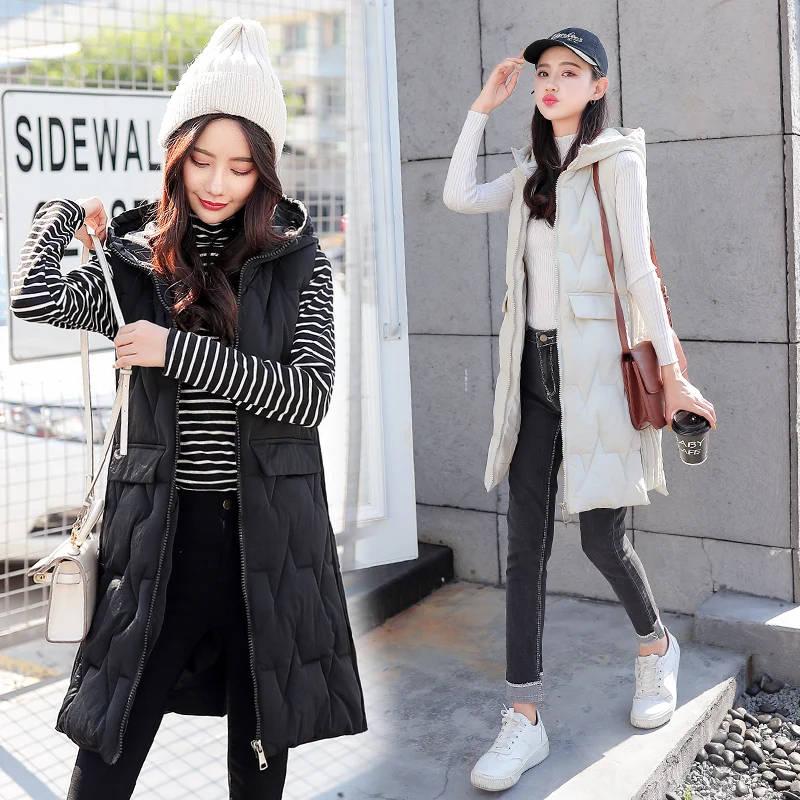 

Long Vest Winter Coat Women Sleeveless Down Jacket Slim Female Quilted Coat Femme Korean Waistcoat Colete