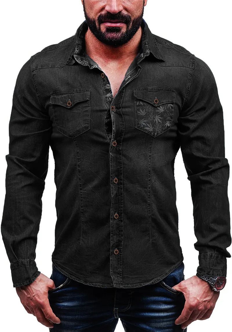 HuLooXuJi мужские черные джинсовые рубашки Осень Зима Промытые принтованные джинсовые рубашки с длинными рукавами облегающие джинсовые блузки Размер США: M-3XL