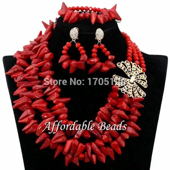 

Red Coral Beads Jewelry Set Charming Nigerian Beads Set Unique Design Wholesale CN207