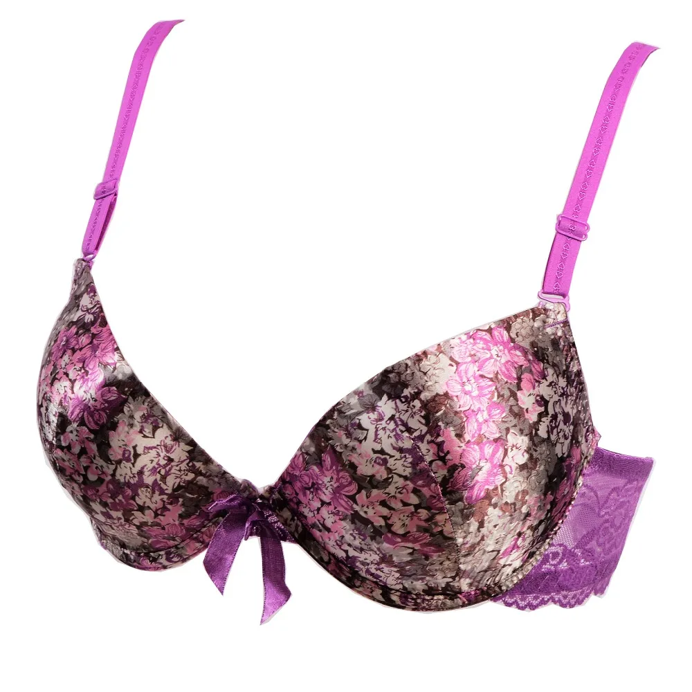 Hot sales Free Shipping.Deep V Flower Silks And Satins Push Up Bras With Lace Sexy Fashion Black Purple 2 color Brassiere