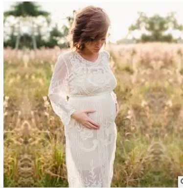 Белое кружевное платье для беременных фотография Реквизит o-образным вырезом с длинным рукавом свадебное платье для беременных Платья для фотосессии ткань плюс - Цвет: Белый