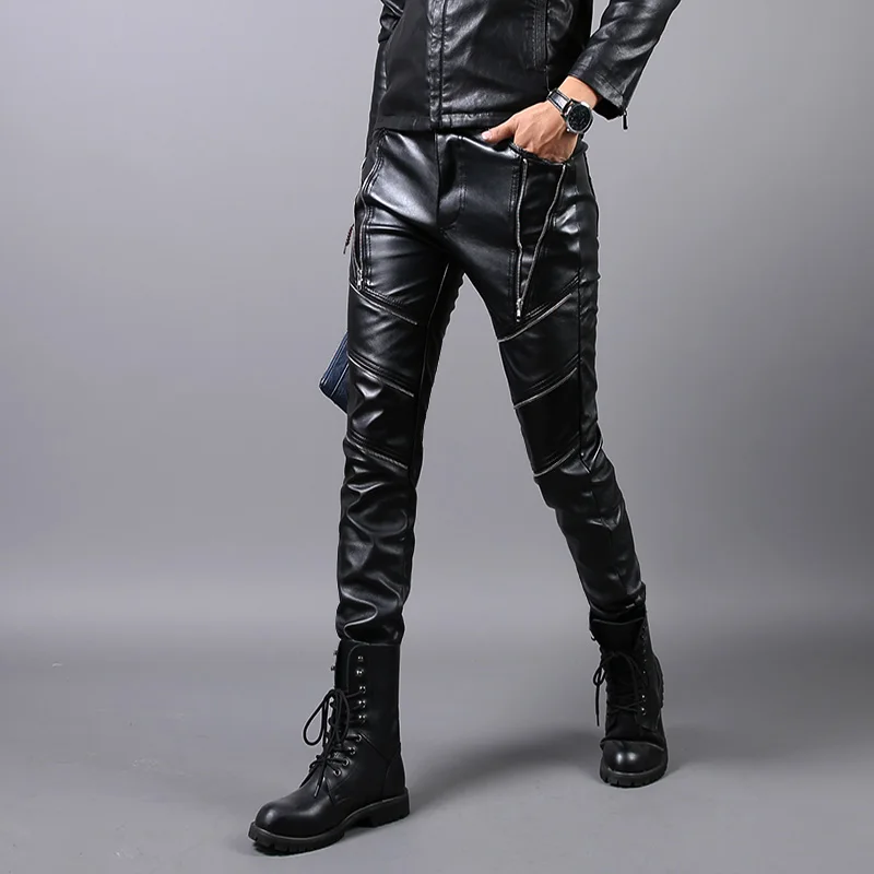 

Spring and Autumn 2017 new men 's leather trousers personality zipper men' s pants locomotive fashion