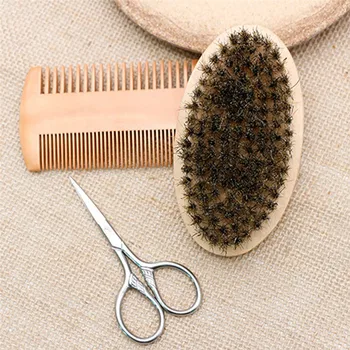 

3Pcs Boar Bristle Shaving Brush Set Men's Beard Brush Kit Verawood Beard Comb Mustache Scissor Male Facial Beard Claning Tool