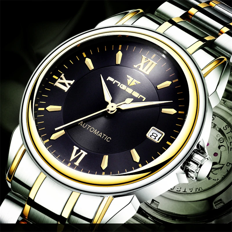 

FNGEEN Brand Men Watch Mechanical Automatic Wrist Watch Gold Stainless Steel Clock Calendar Time Business Sports Hour Wristwatch