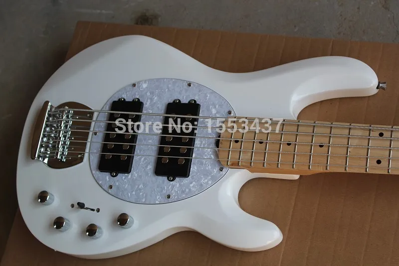 

Free Shipping Wholesale White Music Man 5 Strings Electric Bass guitar with initiative to pickups 9V battery guitar .