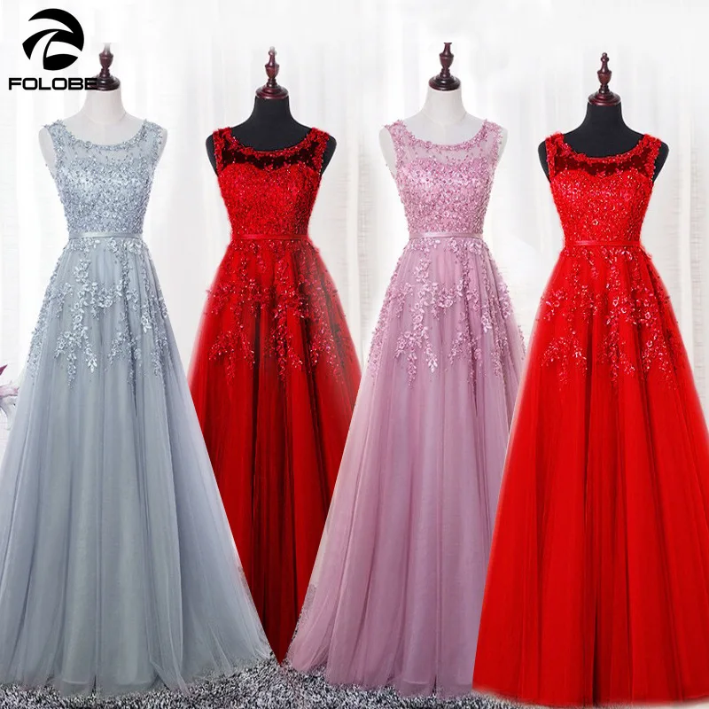 

FOLOBE 2020 Hot Sell Elegant Floor Length Women Girls Dresses Appliques Beads Formal Party Dresses Pink Red Navy Blue