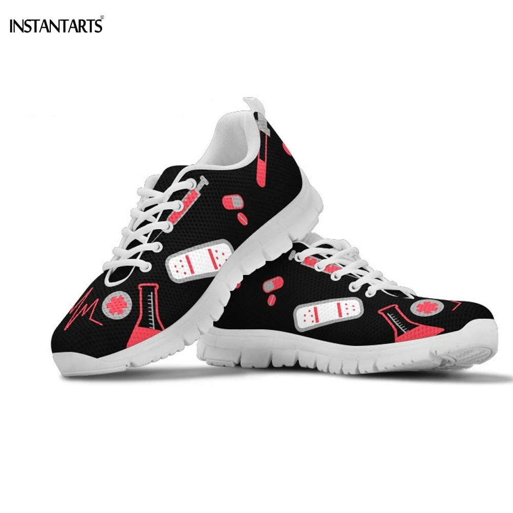 INSTANTARTS Fashion Nurse Heartbeat Pattern Flats Shoes Woman Breathable Lace Up Sneakers for Girls Casual Autumn Black Footwear