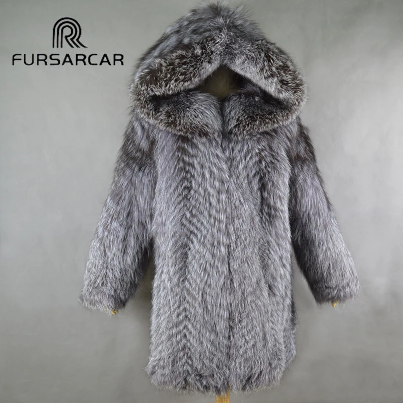

FURSARCAR Women Real Silver Fox Fur Coat with Hood 2019 Winter Warm Natural Fox Fur Long Female Jacket Full Sleeve Outwear C2