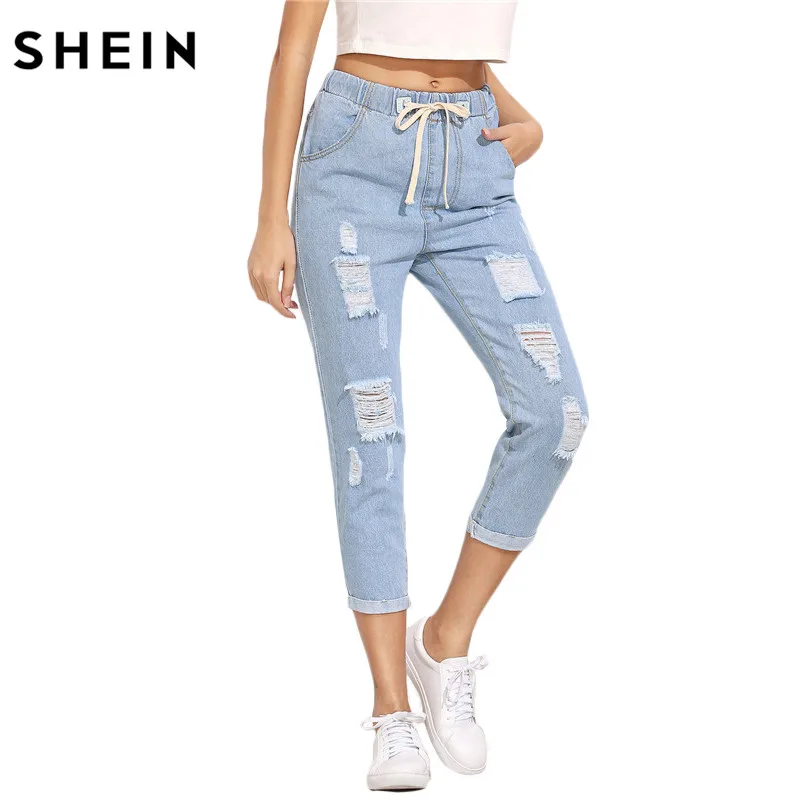 SHEIN femmes pantalons d’été pantalon décontracté pour dames bleu déchiré taille moyenne cordon Skinny Denim mollet longueur Jeans