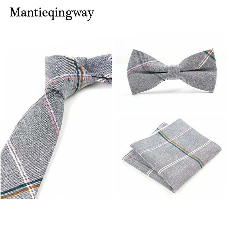 Mantieqingway Модный хлопковый галстук с рисунком «Шотландка»+ галстук-бабочка+ Карманный квадратный комплект для мужчин свадебные галстуки для мужчин костюмы Gravats Corbatas Neckwear