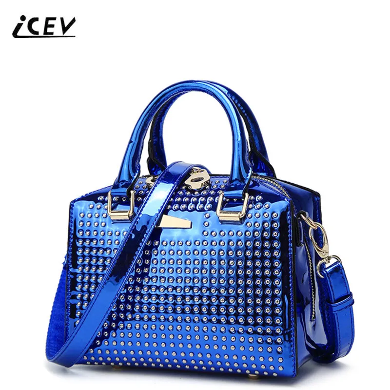 ICEV New European Fashion Rivets Organizer Candy Color Patent Leather Women Leather Handbags Ladies Office Totes Top Handle Bags