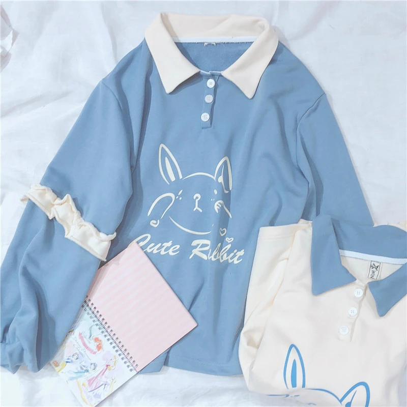 Мягкие женские толстовки с милым кроликом и буквенным принтом для девочек, винтажные толстовки в японском стиле Kawaii Bunny, одежда с длинными рукавами и оборками, 84