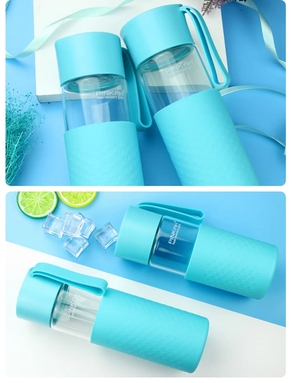 Pinkah Sport Glass Water Bottle With Protective Bag 400500ML Anti-Heat&Cold Protein Shaker High Borosilicate Glass Student Cup  (17)
