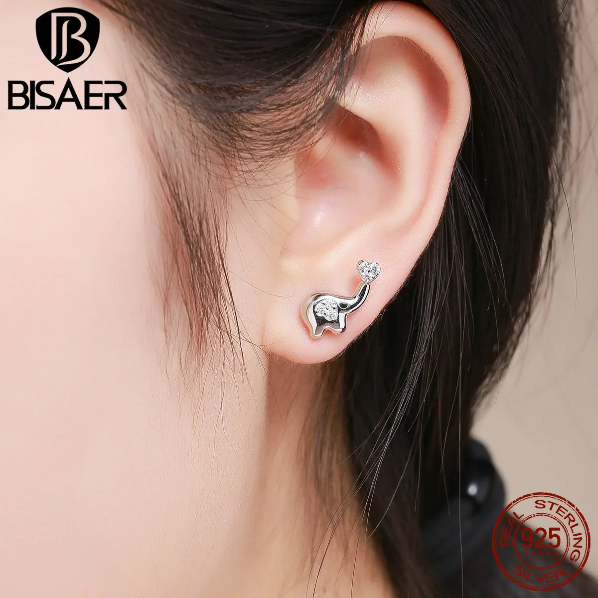 

BISAER Pure 925 Sterling Silver Lucky Elephant Heart Love Animal Stud Earrings For Girl Daughter Festival Gift Jewelry HSE379