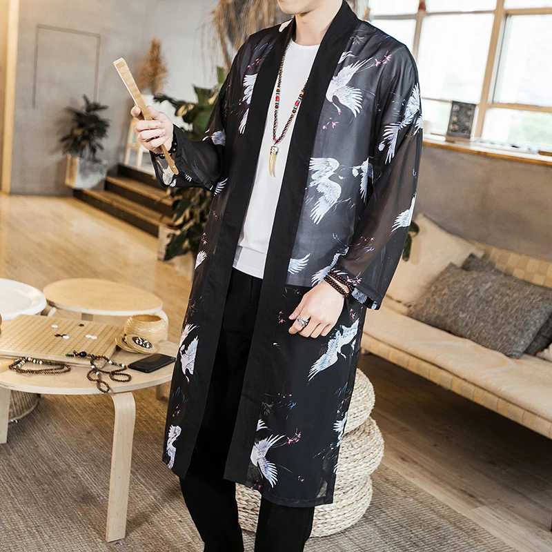  Black Mens Long Jackets 2019 Summer China Retro Style Men Chiffon Gown Loose and Comfortable Sun Co