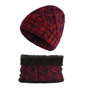 Зимняя детская шапка, шарф, комплект, зимняя теплая Толстая бархатная вязаная шерстяная шапка бини, толстая ветрозащитная вязаная шерстяная теплая шапка - Цвет: wine red