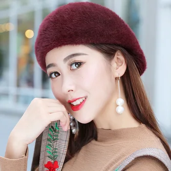 

Mink Cashmere Beret Hat Female Rabbit Knitted Winter Hats Caps Lady Middle-Aged Cap Fashion Ball Gorro Warm Hat