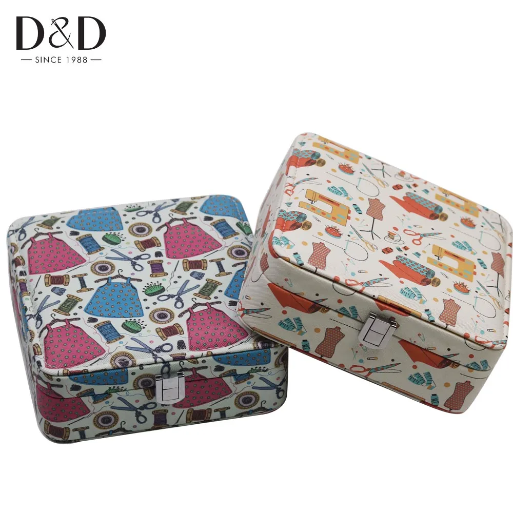 

D&D Artificial Leather Sewing Box Scissors Needle Thread Storage Box 2 Designs Sewing Kits Sewing Tools Set Organizer