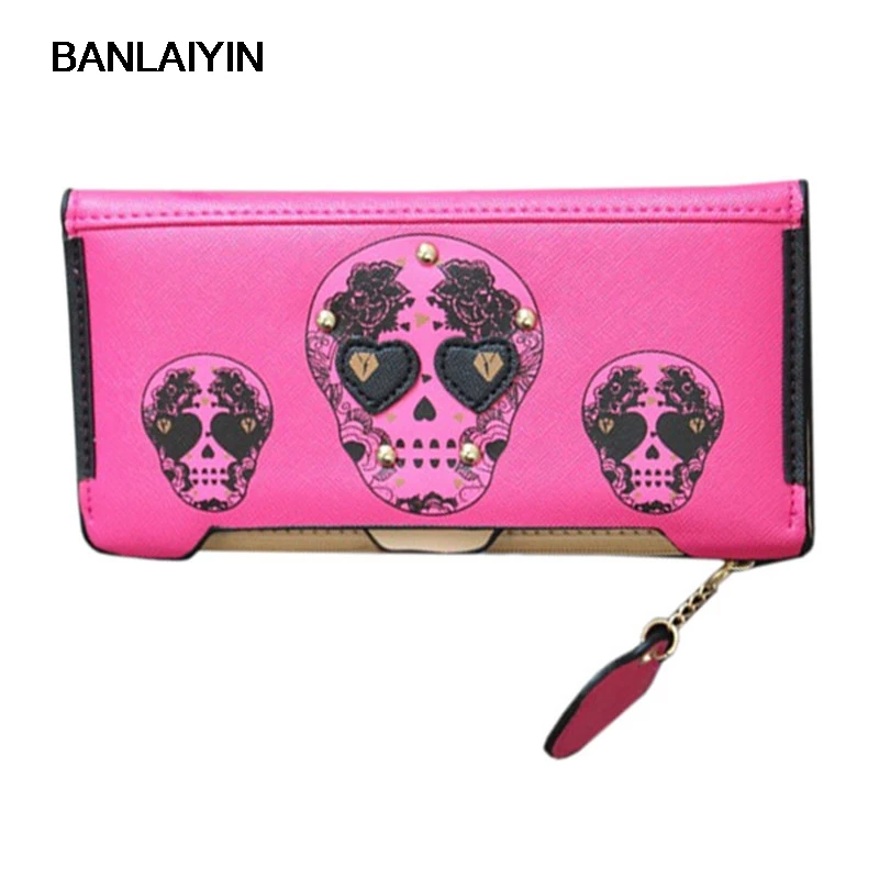 

Women Purse Women Wristlet Softy Leather Rivets Of Metal SKULL PRINT Wallet