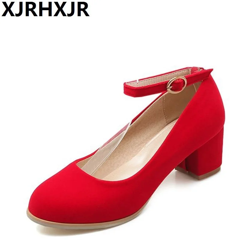 

XJRHXJR Red Black Fashion Women Pumps Buckle Suede Ladies Shoes Square Heel Shallow Leisure Med Heels Shoes Big Size 31-43