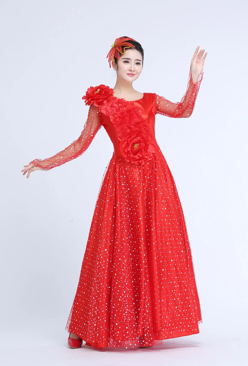 Фламенко платье Восточный хор танцевальные костюмы Современная испанская танцевальная юбка представление сценическое платье с головной убор цветок