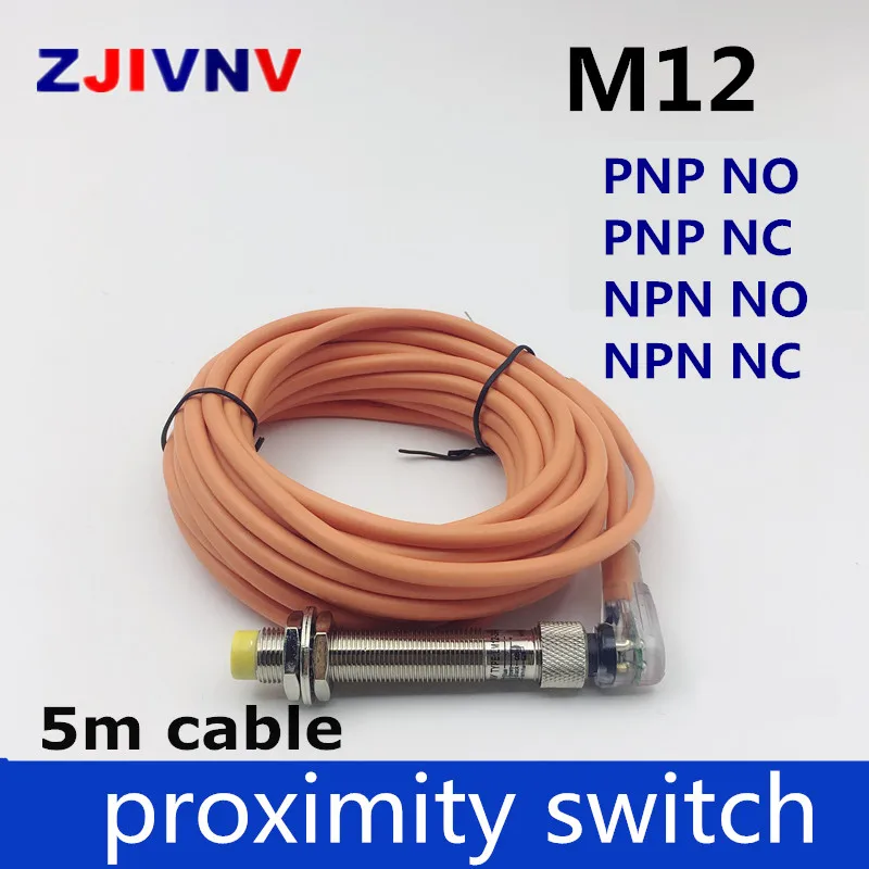 M12 connector type  inductive sensor PNP NPN NO/NC proximity switch  DC 3 /4 wires 5m cable angle plug with led indicator