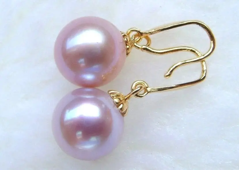 

Free shipping Perfect 9-10MM round AAA++ south sea purple pearl drop earrings