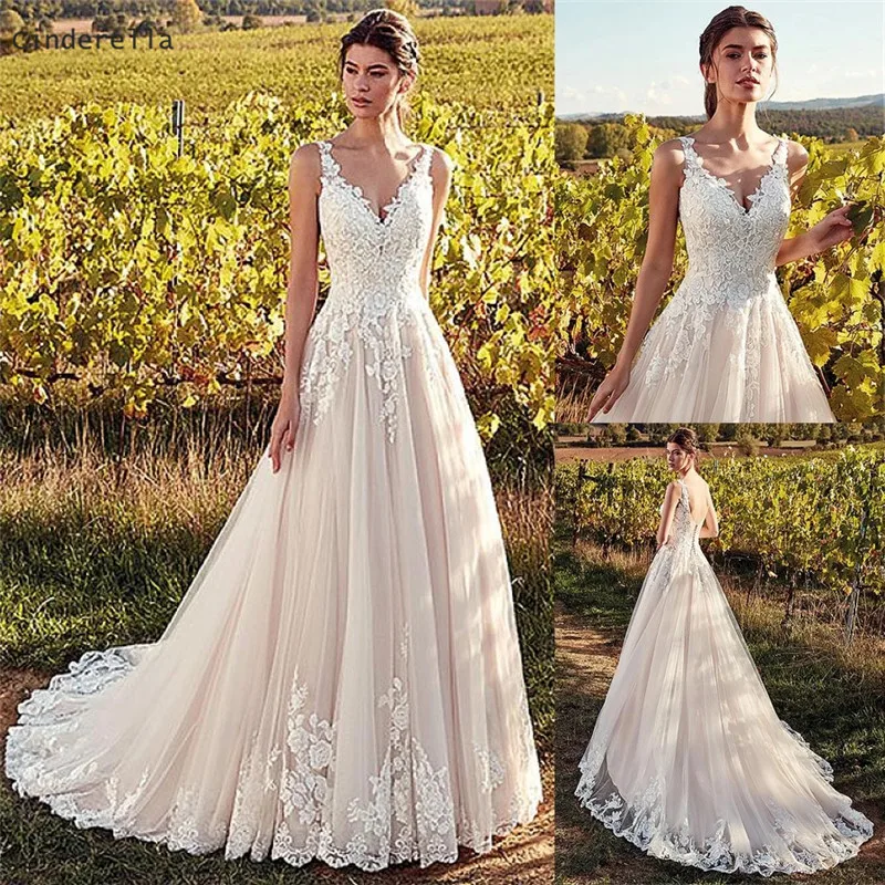 Cinderella Champagne V-Neck Sleeveless Covered Button Back Lace Applique Wedding Dresses A-Line Lace vestido de noiva