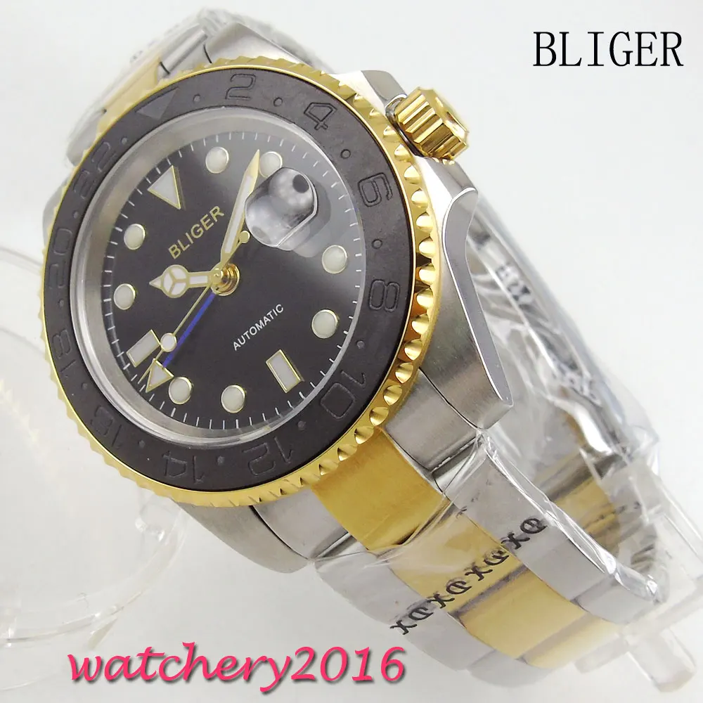 40mm Bliger Sterile black dial Luminous Hand Sapphire Crystal Deployment Clasp GMT Automatic movement Mechanical Mens Wristwatch 40mm Bliger Sterile black dial Luminous Hand Sapphire Crystal Deployment Clasp GMT Automatic movement Mechanical Mens Wristwatch