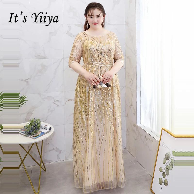 

It's YiiYa Evening Dress 2018 Plus Size O-Neck Half sleeve Bling sequined A-Line Fashion Designer Girls Party Dress DM034