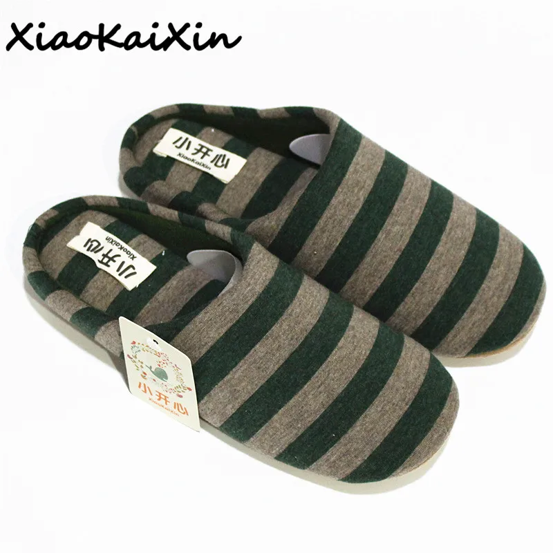 

XiaoKaiXin Japanese Home Couple Cotton Slippers Men&Women Indoor Mute non-slip Wooden Floor Striped House Shoes Guests slipper