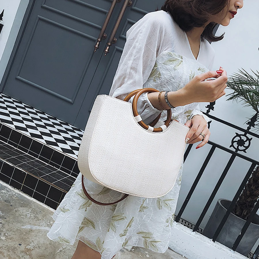 2018 Viaggi Maglia Manico Progettista Marca Khaki Spiaggia Di beige Lavorato Lusso A Estate Borsa Delle Donne Paglia Rotondo Del Spalla Solido Della Sacchetto Modo Sqw6n1pA