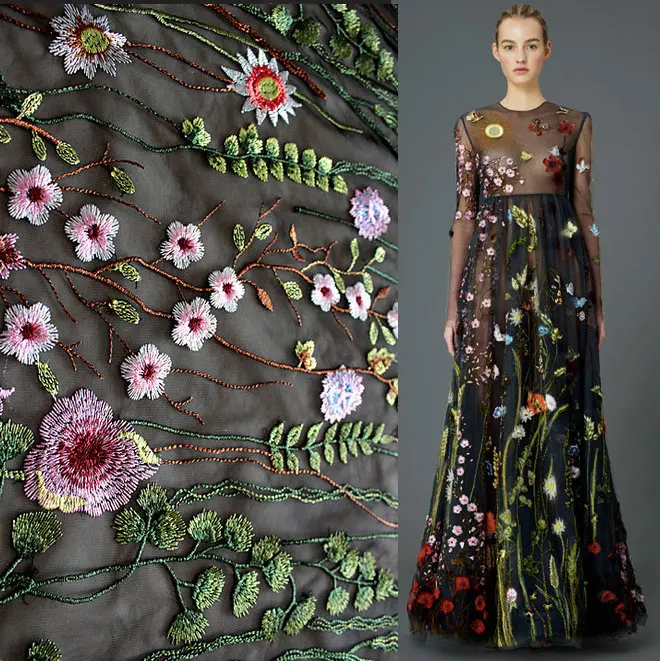 Summer High end Fabric Polyester Multicolor Leaves Embroidered Cloth