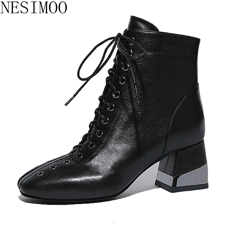 

NESIMOO 2019 Fashion Women Ankle Genuine Leather Square Toe Zipper Square Med Heel Basic Fashion All Match Shoes Size 34-43