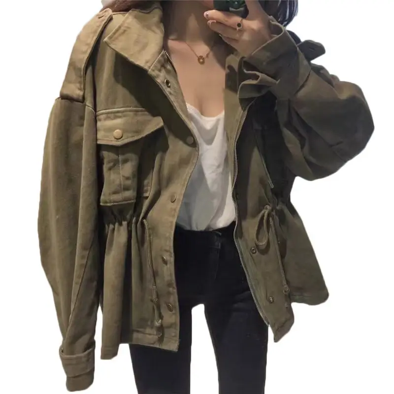 

2019 New Fashion Pocket Leisure Korean Women Jacket Spring Autumn Chic Retro Versatile Loose Casual Windbreaker Coat F1072