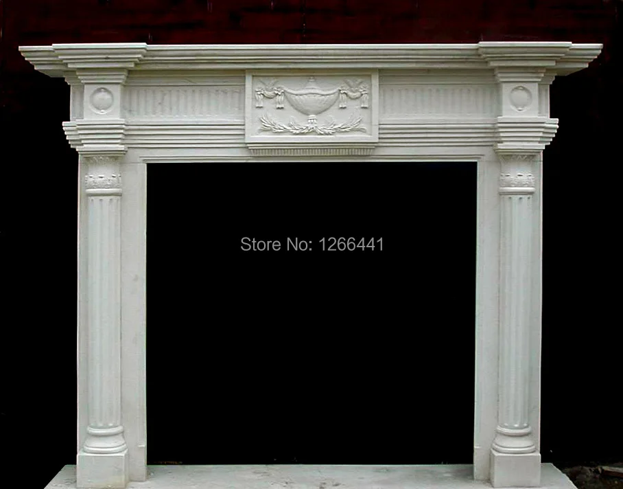 carved stone marble fireplace mantel European English style with Roman columnsin Fireplace