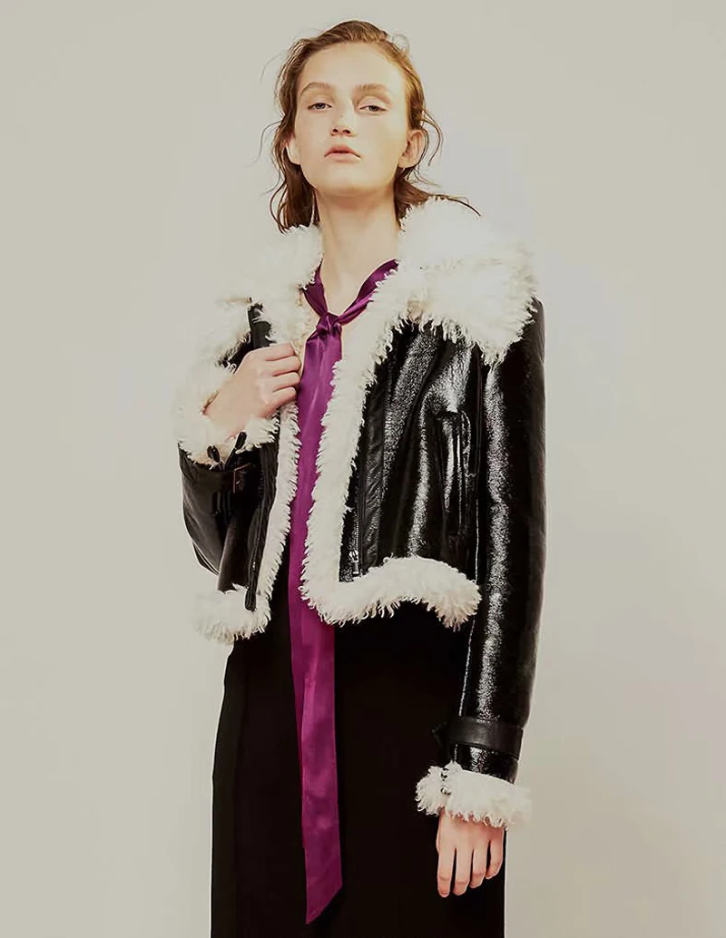YNZZU Chic/ зимние женские Куртки из искусственной кожи с отложным воротником и отложным воротником; теплая куртка из искусственной кожи с длинными рукавами; YO724