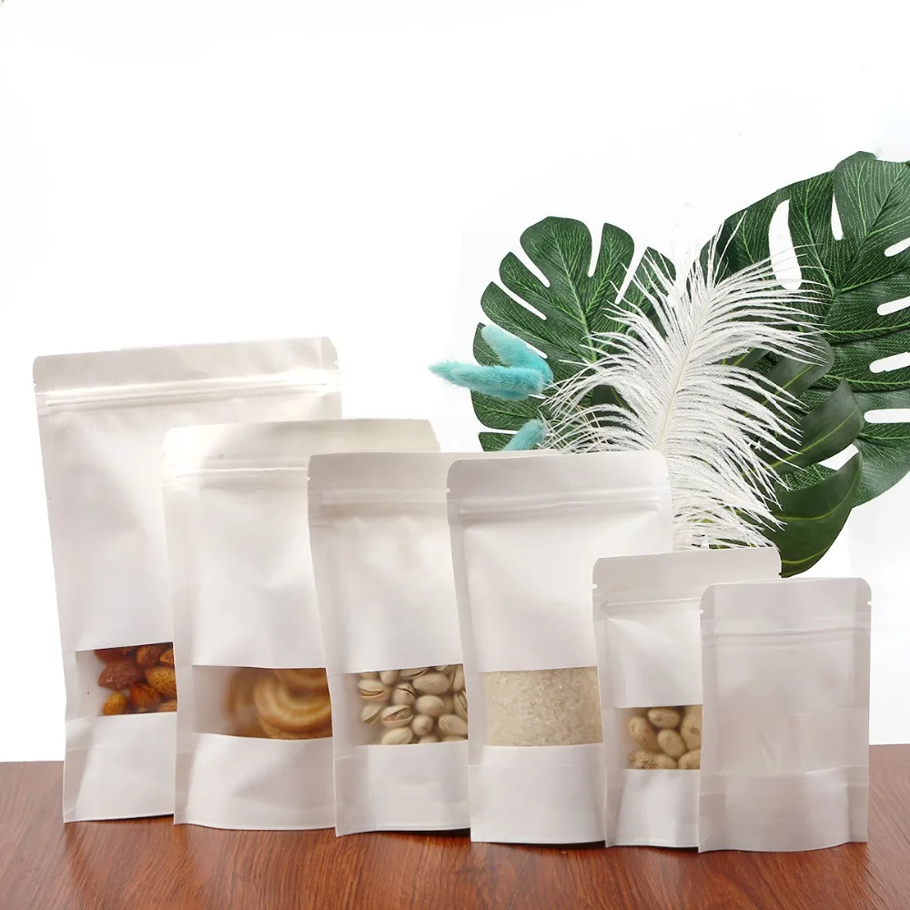

Frosted Window Bag White Stand up Paper Ziplock Bag Snack Packing Storage Jewelry Displaying Window Gift Pouches Bags 10-50pcs