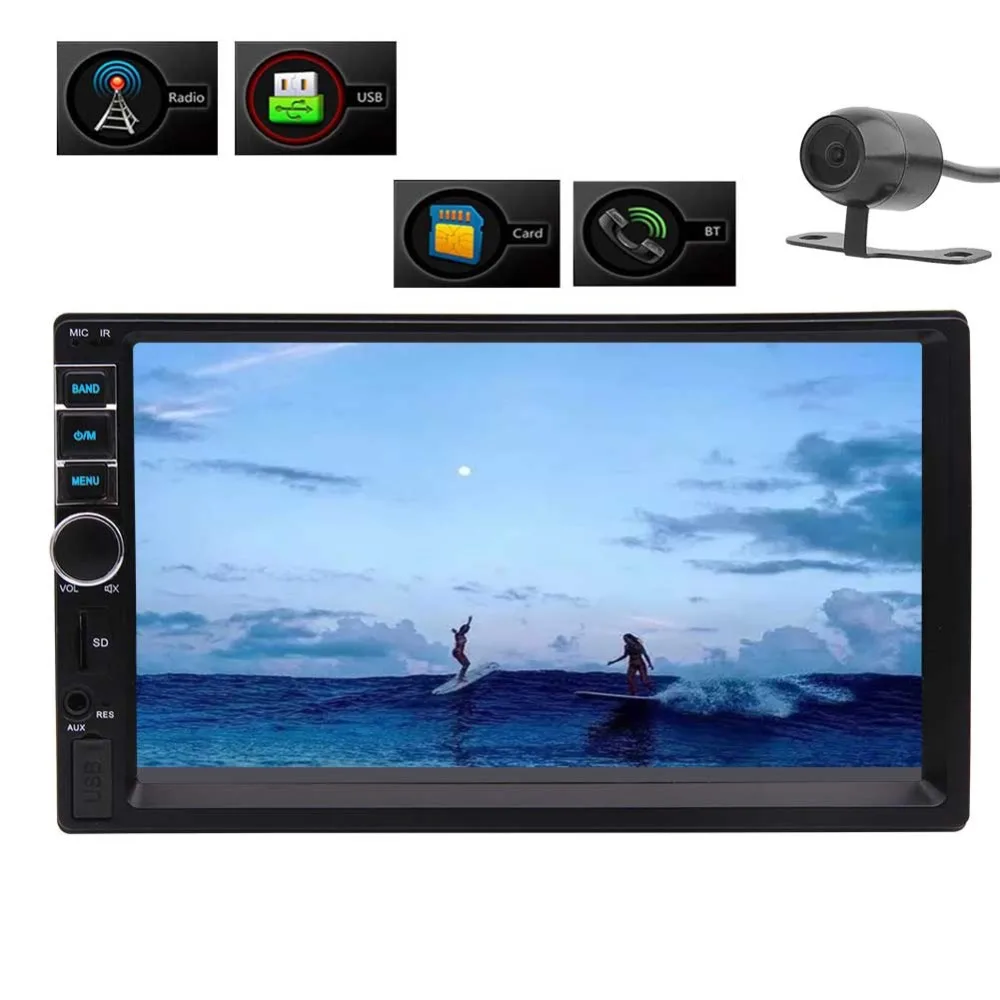 

Bluetooth Music Playing 7 Colorful Buttons Reverse Camera Input + Wireless Remote Contral Double 2Din 7 inch Capacitive Touch