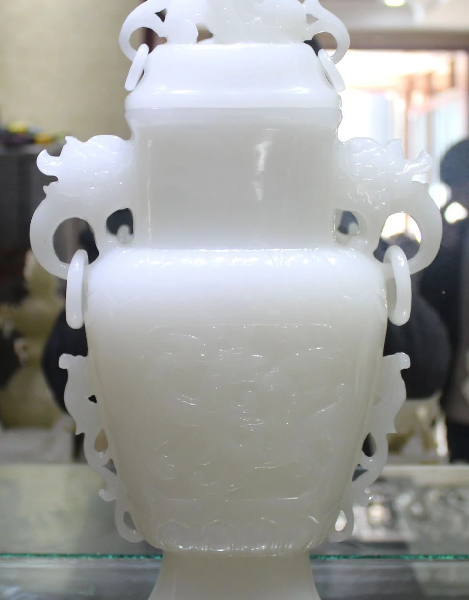 

14" Chinese Natural White Jade Dragon Phoenix Vase Bottle Pot Carving Statue