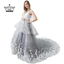 2017 Robe De Mariage Mariee Princesa Gray Ball Gown Wedding Dresses Sexy Illusion Back Handmade Flowers Bridal Gown Real Photo