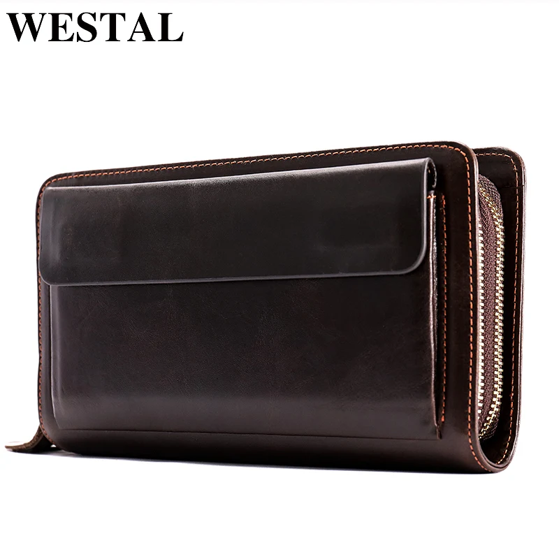 WESTAL Men's Clutch Bag Wallet Male Genuine Leather Double Zipper Men Wallet Long Phone Wallet Purse Card Holder Money Bags 9069 WESTAL Men's Clutch Bag Wallet Male Genuine Leather Double Zipper Men Wallet Long Phone Wallet Purse Card Holder Money Bags 9069