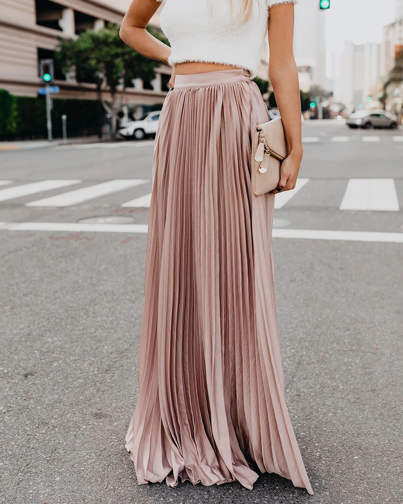 Miguofan Pleated Skirt Women High Waist Long Skirts Loose Streetwear Solid Black White Maxi Skirts Summer Jupe Femme