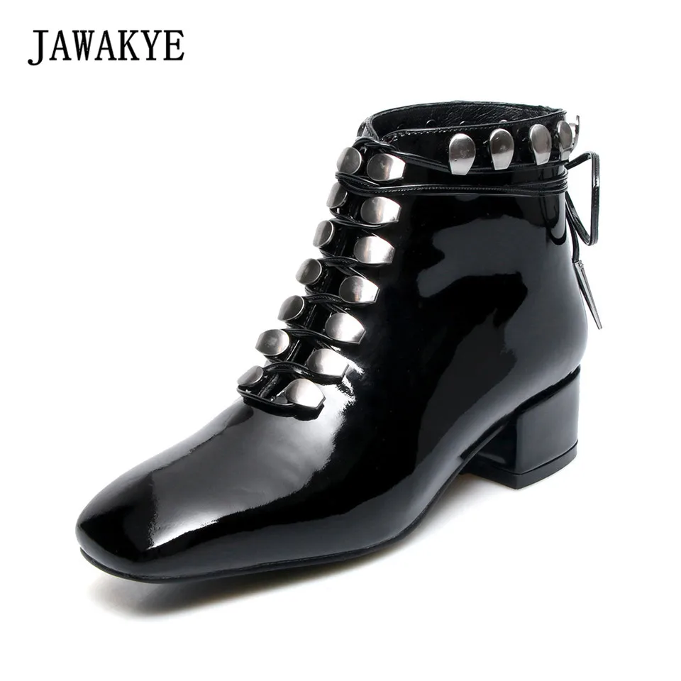 JAWAKYE Leather Boots Women Rivets studded ankle boots para mulheres Square toe Kitten low heel Lace up Ankle Boots for Women JAWAKYE Leather Boots Women Rivets studded ankle boots para mulheres Square toe Kitten low heel Lace up Ankle Boots for Women